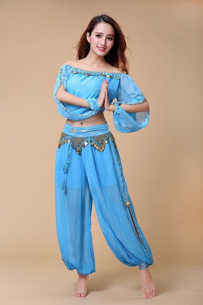 ZLTdream Belly Dance Chiffon Long Sleeves Top and Lantern Coins Pants Light Blue - Image 2